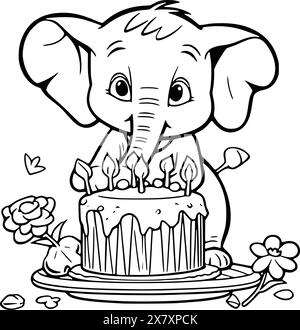 Éléphant avec gâteau d'anniversaire Coloriage page pour les enfants Illustration de Vecteur