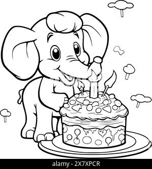 Éléphant avec gâteau d'anniversaire Coloriage page pour les enfants Illustration de Vecteur