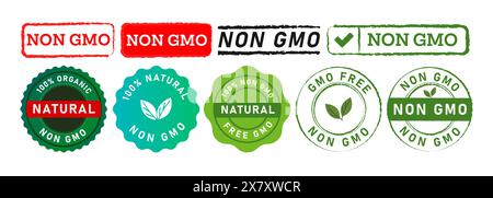 rectangle et cercle timbre signe d'étiquette d'étiquette de badge de sceau pour non ogm éco nature sain bio produit Illustration de Vecteur