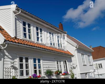 Maison blanche avec toit de tuiles rouges, fleurs en fleurs au premier plan sous ciel bleu, maisons en bois blanc avec toit rouge devant le ciel bleu, arbres et Banque D'Images