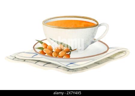 Tisane faite d'argousier dans une tasse blanche avec soucoupe et serviette de table rayée ou illustration aquarelle serviette Banque D'Images