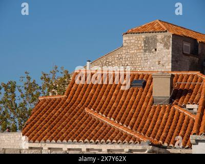 Gros plan d'un bâtiment en pierre avec des toits en tuiles rouges et une cheminée, sous un ciel bleu avec des textures détaillées, les toits en tuiles rouges d'une ville historique par le Banque D'Images