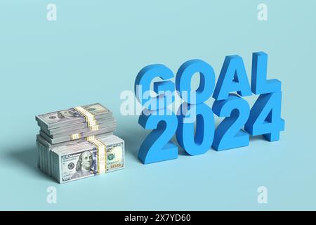 An 2024 investissement financier d'entreprise ou concept d'objectifs d'entreprise. Le mot objectif 2024 avec des billets de banque en dollars. Rendu 3D. Banque D'Images