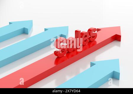 Augmentation des ventes. Concept de vente marketing d'entreprise croissant. Flèches directionnelles sur blanc avec le mot Sales. Rendu 3D. Banque D'Images