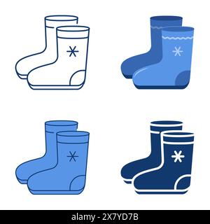 Bottes en feutre d'hiver icône ensemble plat et ligne. Chaussures chaudes russes traditionnelles valenki. Illustration vectorielle. Illustration de Vecteur