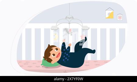 enfant jouant dans son lit avec des jouets et heureux Illustration de Vecteur