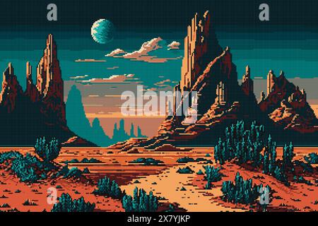 Ai générative paysage désertique et montagneux de l'Ouest sauvage. scène de jeu 8 bits pixel art. Toile de fond de panorama terrestre de jeu indépendant, arcade 8 bits vintage ou conception de niveau de jeu vidéo ai généré un actif avec désert Illustration de Vecteur