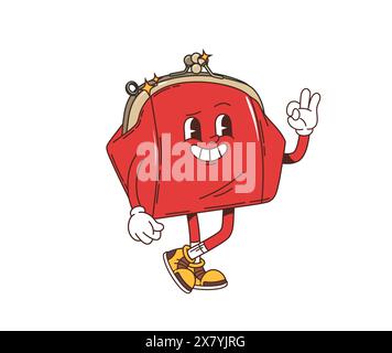 Porte-monnaie groovy rétro. Personnage rouge de poche de vecteur de dessin animé isolé portant des baskets classiques, avec un visage souriant, faisant un signe OK, capturant une ambiance ludique de l'ère nostalgique hippie y2k Illustration de Vecteur