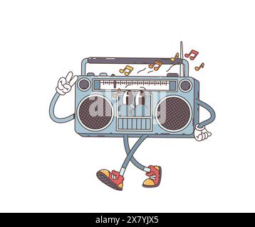 Personnage d'enregistreur de bande dessinée rétro groovy jouant de la musique, bande dessinée funky vectorielle. Groovy dessin animé dans les années 70 hippie art drôle magnétophone sifflant ou chantant une chanson avec des notes et un sourire heureux sur le visage Illustration de Vecteur