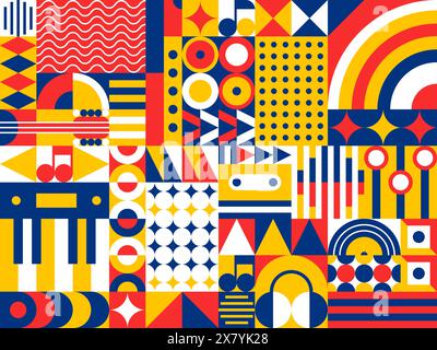 Motif musical géométrique moderne abstrait avec des formes colorées et des éléments musicaux, écouteurs, cassettes, notes, clavier de piano. Fond vectoriel, papier peint, ornement ou impression dans le style rétro des années 80 Illustration de Vecteur