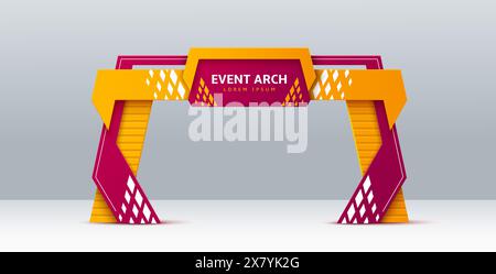 arc d'événement, entrée ou entrée d'exposition vectorielle 3d réaliste, conception de porte d'arc moderne et élégante en jaune vif et violet avec des formes géométriques. Cadre de passerelle coloré pour événements festifs ou promo Illustration de Vecteur