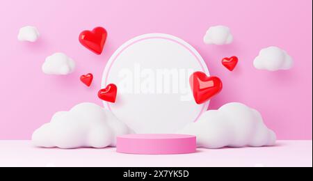 Scène de podium pour enfants avec des coeurs d'amour rouges et des nuages. Scène vectorielle 3D réaliste dans un style enfantin mignon, plate-forme ronde au fond rose, ludique et rêveur, symbole de l'amour, joie du bonheur, célébration Illustration de Vecteur