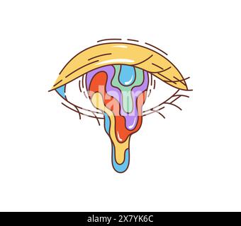 Dessin animé rétro groovy hippie symbole d'oeil avec la rétine psychédélique colorée fondante. Vecteur trippy, rave ou mauvaise herbe, lsd, cannabis et marijuana, acide et oeil de drogue avec pupille liquide coulante et paupière ouverte Illustration de Vecteur