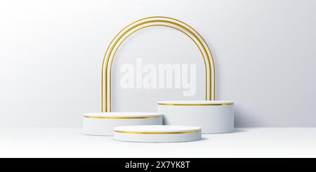 Podium blanc avec arche dorée et scène de base ronde. Configuration d'affichage élégante vectorielle 3D réaliste avec trois scènes cylindriques accentuées avec des bandes dorées et une toile de fond cintrée pour présenter des produits Illustration de Vecteur