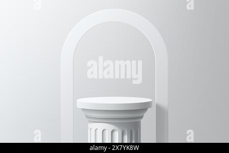 Podium de colonne avec arc blanc. Piédestal de pilier rond romain ou grec 3D réaliste orné d'un arc gracieux, exsudant l'élégance et la sophistication. Design minimaliste pour la présentation des produits Illustration de Vecteur