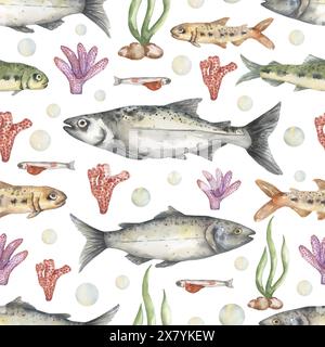 Motif sans couture de saumon de poisson aquarelle, papier de répétition de vie océanique sauvage, fond textile d'animaux Banque D'Images