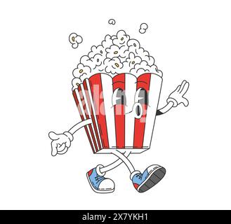 Personnage de seau de pop-corn groovy film avec une expression de visage vivante. Personnage de boîte de maïs pop vecteur de dessin animé isolé, décoré dans des rayures rouges et blanches classiques, portant rétro avec des baskets et des gants Illustration de Vecteur