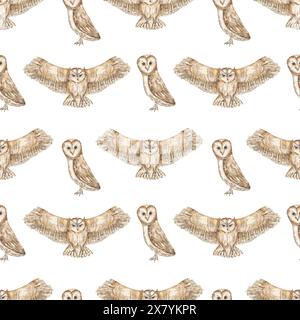 Motif sans couture de hibou aquarelle, papier de répétition d'oiseau sauvage, fond textile d'animaux Banque D'Images