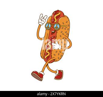 Personnage de hot dog rétro groovy de dessin animé. Personnage vintage de fast food drôle, mascotte gaie de repas de rue groovy ou autocollant vectoriel isolé mignon vintage. Hot dog heureux personnage portant des lunettes de soleil hippie Illustration de Vecteur