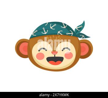 Animal de singe de dessin animé pirate ou capitaine corsaire et bateau, caractère vectoriel. Drôle de singe des Caraïbes skipper en bandana pirate riant avec un visage heureux, les enfants mignon emoji de marin corsaire animal Illustration de Vecteur