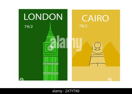 Destinations Londres et le Caire - affiches Europe et Asie avec des éléments célèbres - statues et bâtiments, monuments. Illustration de Vecteur