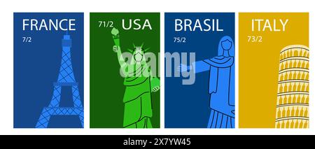 Destinations de voyage Paris et New York affiches avec des éléments extérieurs célèbres. Illustration de Vecteur