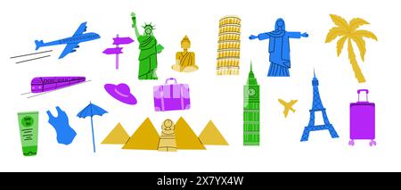 Destinations de voyage Europe, Asie et Amérique célèbre et voyage d'été éléments ensemble. Statues et bâtiment pour affiches de point de repère, conception de couverture. Illustration de Vecteur