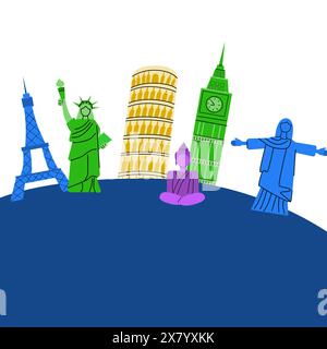 Destinations de voyage Europe, Asie et Amérique éléments célèbres. Statues et bâtiment pour affiches de point de repère, conception de couverture. Illustration de Vecteur