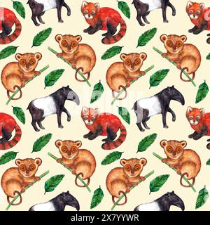 Motif aquarelle sans couture nature hyperréaliste des tropiques de l'Asie - tapir, tarsier, panda rouge et feuilles de palmier sur un fond de pêche pastel Banque D'Images