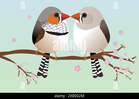 Un couple mignon de zèbre en forme d'oeuf piments en forme d'oeuf. Fond bleu. Le couple est sur une branche avec des fleurs roses. Leurs becs se touchent. Illustration de Vecteur