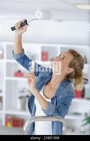 femme utilisant le rouleau de peinture sur le plafond dans la maison Banque D'Images