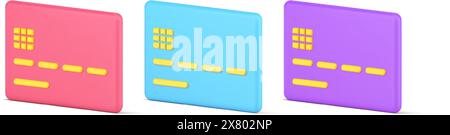 Carte de débit de crédit en plastique isométrique définie pour l'illustration vectorielle de modèle d'icône 3d multicolore de transaction de paiement électronique. Stockage emoney bancaire moderne pour Illustration de Vecteur