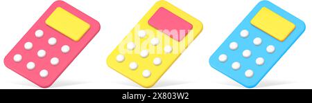 Collection calculatrices multicolores avec boutons et affichage pour les mathématiques comptant les nombres vérifiant l'illustration vectorielle d'icône 3D. Définir l'élec. Isométrique Illustration de Vecteur