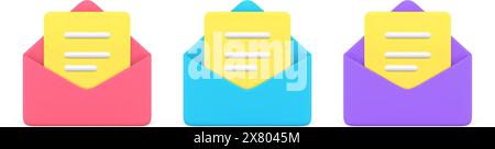 Enveloppe de papier ouverte de collection avec des documents de lettre à l'intérieur de l'illustration vectorielle 3D. Ensemble de correspondance rouge, bleue et violette pour les adresses de messages entrants Illustration de Vecteur