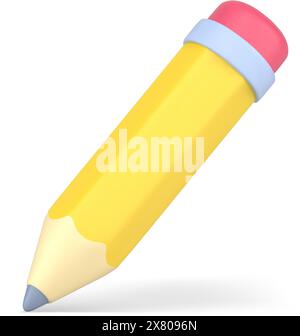 Crayon jaune 3D. Objet volumétrique en bois pour écrire et dessiner. Gomme rose intégrée pour supprimer les erreurs. Outil de papeterie avec mine affûtée pour Illustration de Vecteur