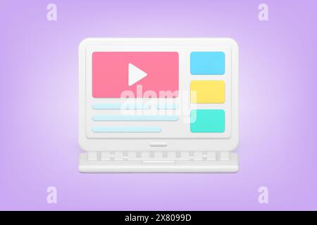 Site Web avec contenu vidéo icône 3D. Ordinateur portable moderne pour visualiser et créer des blogs et des films de divertissement. Profitez de la publicité et de la notation sociale fr Illustration de Vecteur
