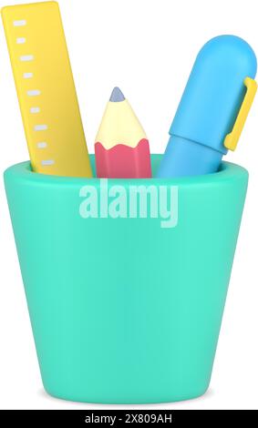 Icône réaliste de tasse à crayon 3D. Règle jaune avec crayon aiguisé rose et stylo bleu. Placement pratique dans une tasse verte d'articles avec application créative rapide Illustration de Vecteur