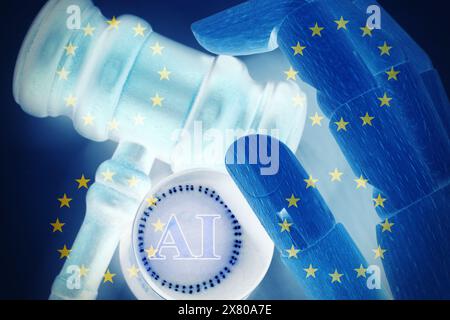 Symbole de réglementation de l'IA Act en Europe. Mots conceptuels IA intelligence artificielle agit régulation sur bloc de bois. Beau fond bleu. Business IA ac Banque D'Images