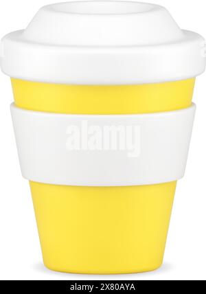 Tasse jaune pour l'icône de café 3D. Récipient en carton avec couvercle blanc et rebord. Tasse volumétrique en plastique pour espresso et americano. Conception pratique pour HO Illustration de Vecteur