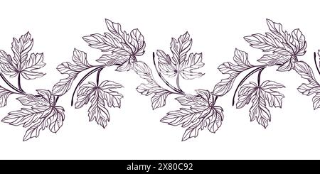 Bordure sans couture de figues. Branches courbées avec feuilles. Illustration vectorielle dans le style graphique. Pour cartes, invitations, emballages alimentaires et cosmétiques, couvertures, Illustration de Vecteur