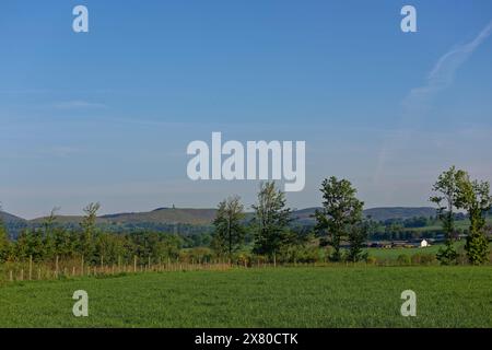 Terres agricoles sur les marges de l'Angus Glens, avec une ferme blanchie à la chaux et des bâtiments de ferme à mi-distance sous un ciel bleu. Banque D'Images