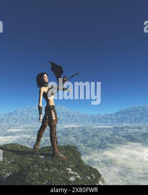 Entraîneur de dragon féminin avec bébé Dragon au-dessus de la vallée de la forêt Banque D'Images