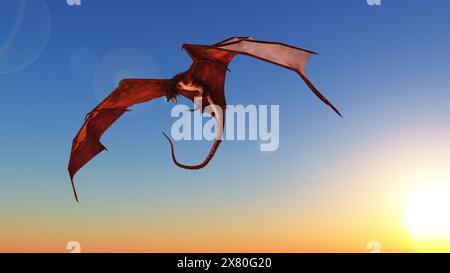 Red Dragon attaquant depuis un ciel bleu lumineux avec Sun Flare Banque D'Images