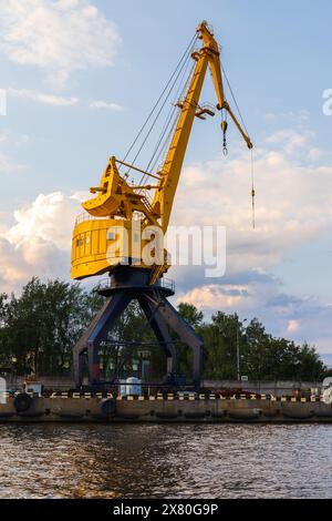 Grue portique jaune sur base bleue se dresse dans le port. Kaliningrad, Russie. Photo industrielle verticale Banque D'Images