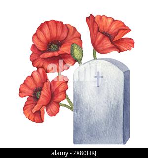 Fleurs de coquelicot rouge et pierre tombale symbole de la guerre, Memorial Day aux États-Unis, Anzac Day en Australie. Rappelez-vous et honorez. De peur que nous oubliions. Dessiné à la main Banque D'Images