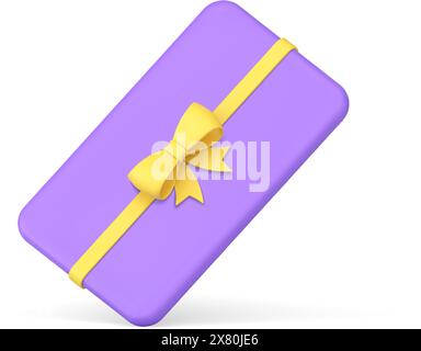 Carte-cadeau rectangle brillant violet avec ruban d'arc jaune placé en diagonale réaliste 3d illustration vectorielle d'icône. Réduction de vente fidélité ou shopping co Illustration de Vecteur