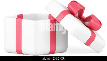 Paquet carré de boîte cadeau brillant blanc romantique avec célébration de fête de vacances à chapeau ouvert illustration vectorielle réaliste d'icône 3D. Cadeau festif salut co Illustration de Vecteur