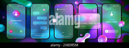 Smartphone transparent réaliste dans le style glassmorphisme. Maquette d'écran de téléphone de morphisme de verre mat avec carte de crédit, chat de message, appel. Conception de l'interface utilisateur mobile. Cadres givrés avec des formes 3d liquides abstraites. Illustration de Vecteur