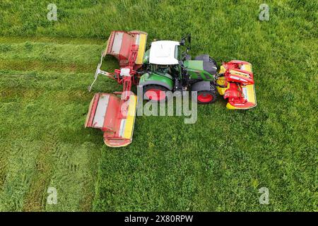 Themenfoto : Landwirtschaft. Ein Landwirt faehrt mit seinem Traktor ueber eine Wiese und maeht. Schlepper, Maehwerk, gemaehte Wiese, Weide, gras, maehen, Landschaft, Traktorspuren. Maehmaschine, Doppelmaehwerk, Maehkombination, Schmetterlingsmaehwerk. *** Sujet photo agriculture Un agriculteur conduit son tracteur au-dessus d'un pré et tond tracteur, tond, prairie fauchée, pâturage, herbe, faucheuse, paysage, tracteur chenille machine à faucher, double faucheuse, combinaison faucheuse, faucheuse à papillon Banque D'Images