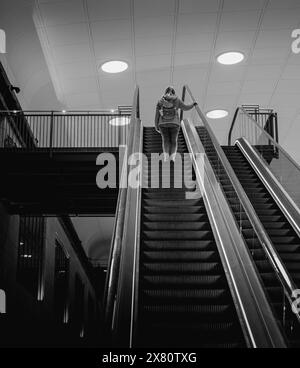 Une personne voyageant sur l'ascenseur et approchant du sommet. Personne d'autre dans l'ascenseur. Architecture moderne à l'intérieur d'un bâtiment. ascenseur raide Banque D'Images